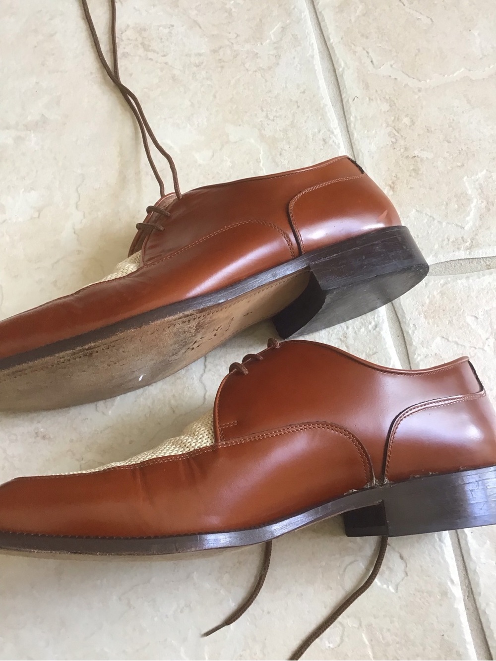 Men's Two-Tone Brown Leather & Cream Woven Derby Shoes - Picture 3 of 7